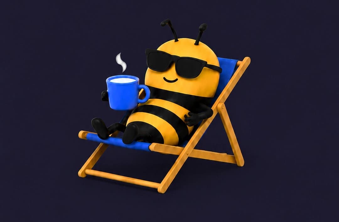 Relaxed bee with sunglasses holding a coffee cup